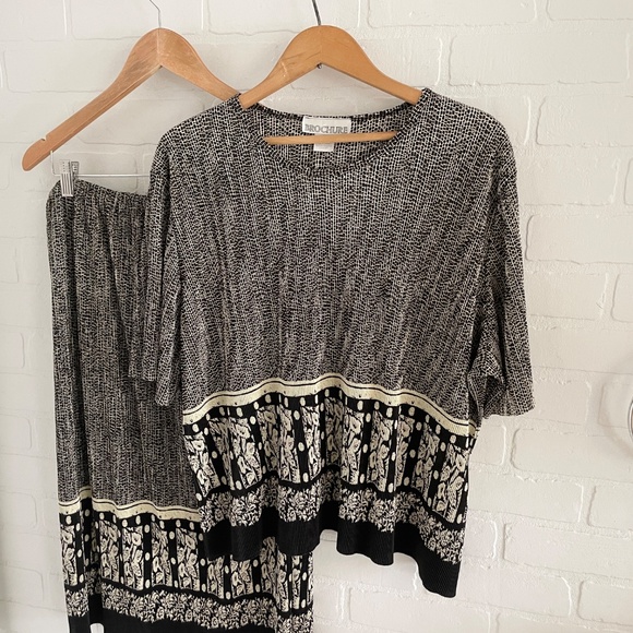 Vintage 80s 90s Matching Set (2) Slinky Midi skirt Mixed print Black Cream 1X - Picture 3 of 8